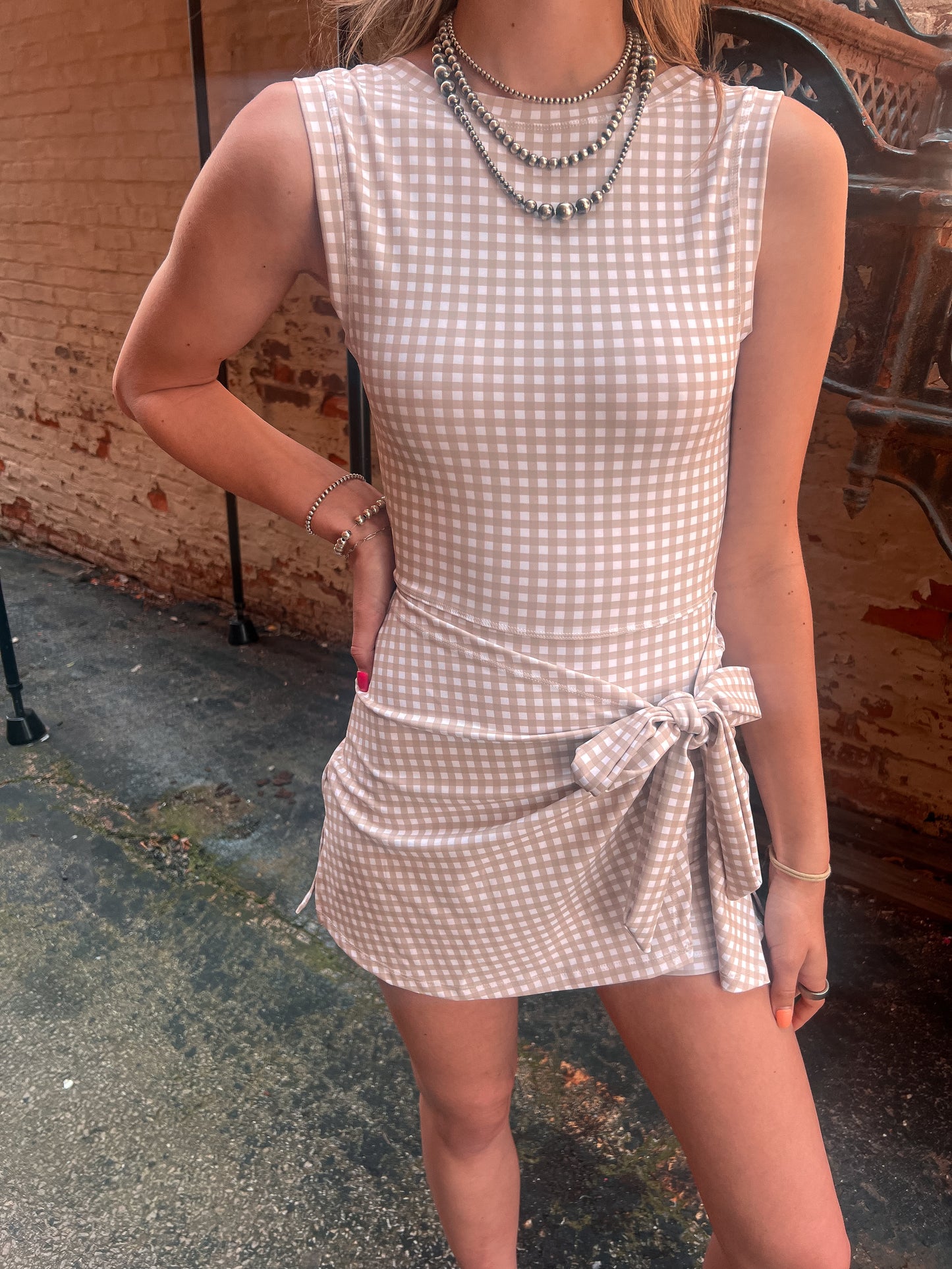 Beige Gingham Activewear Dress