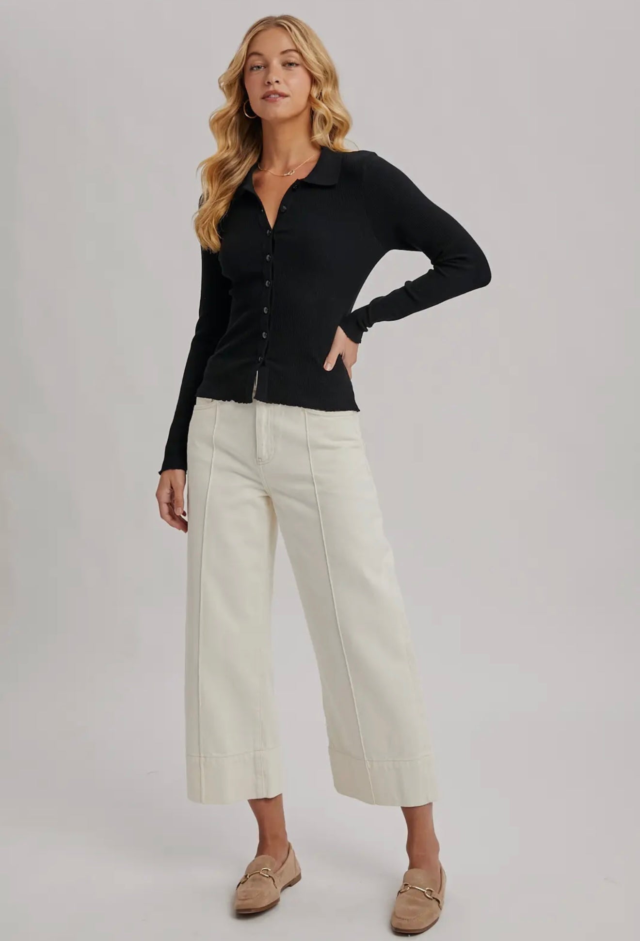 Black Ribbed Button Knit Top