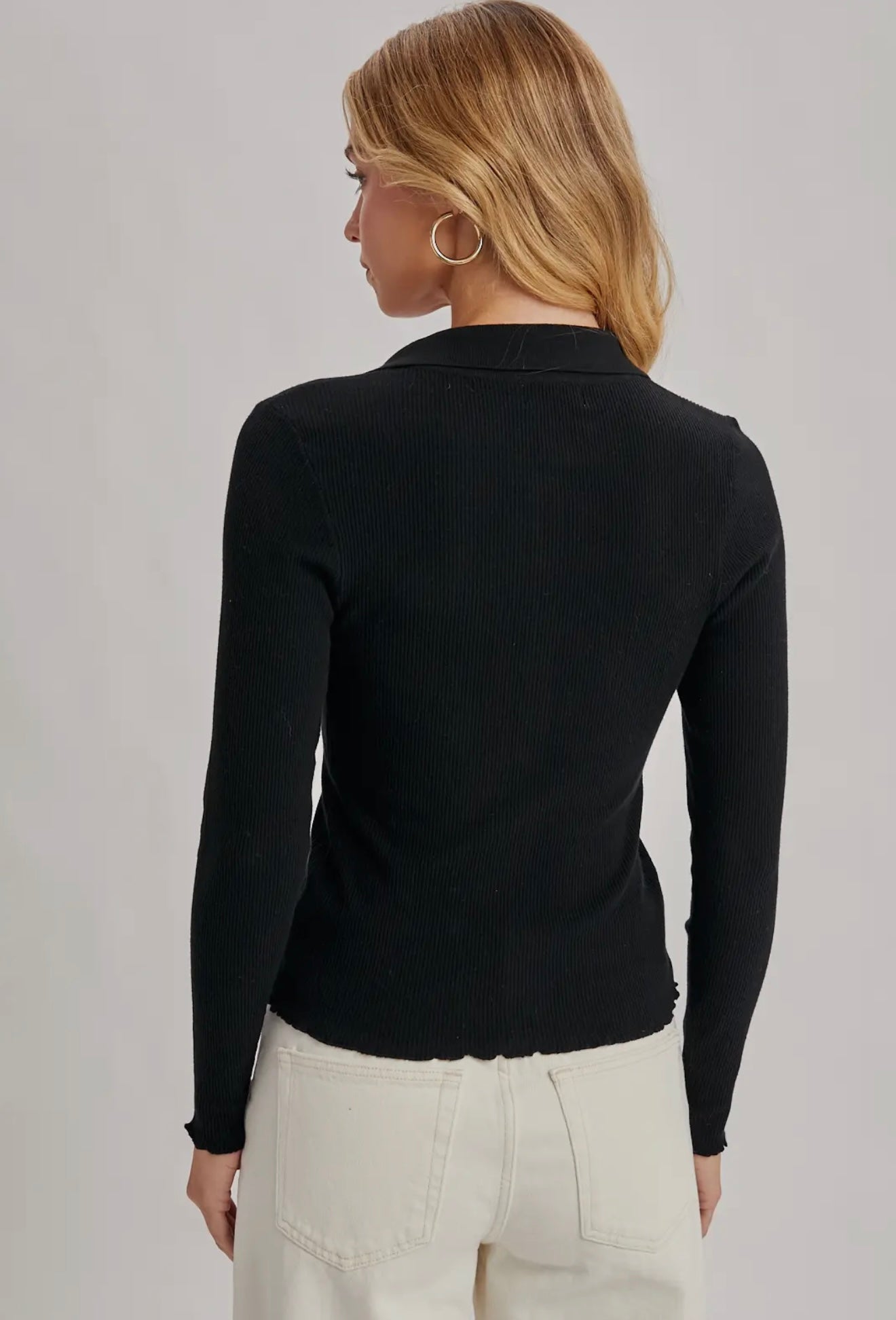 Black Ribbed Button Knit Top