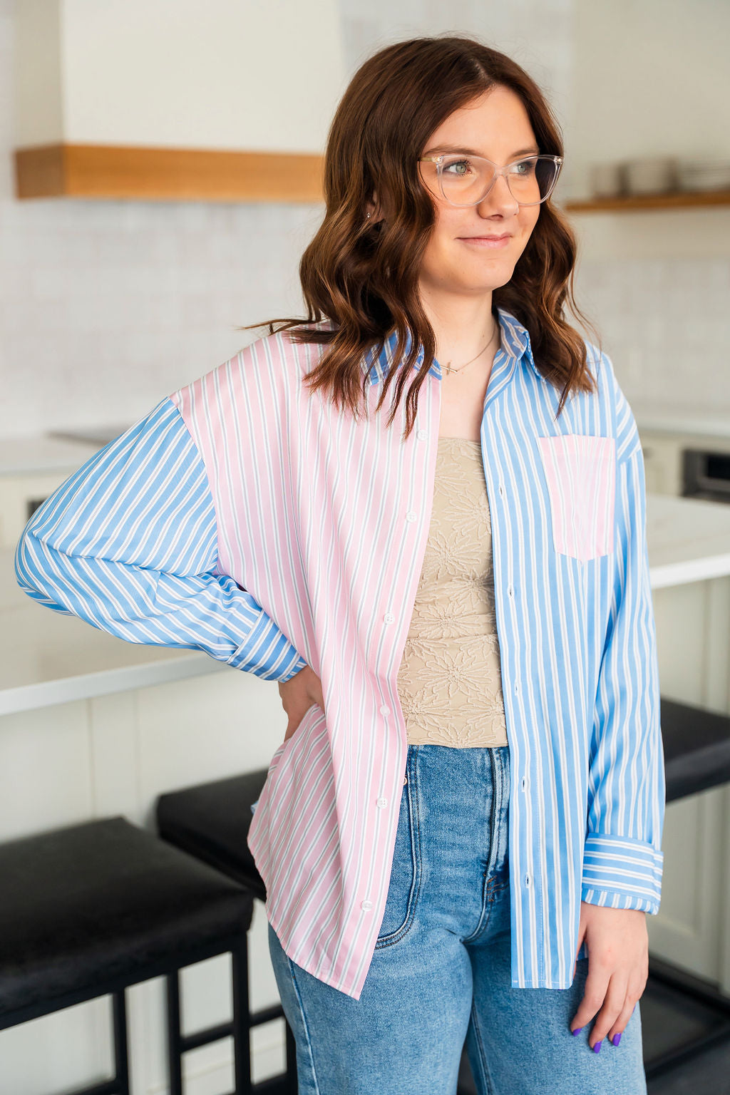 Bluey Pink Pin Stripe Button Down
