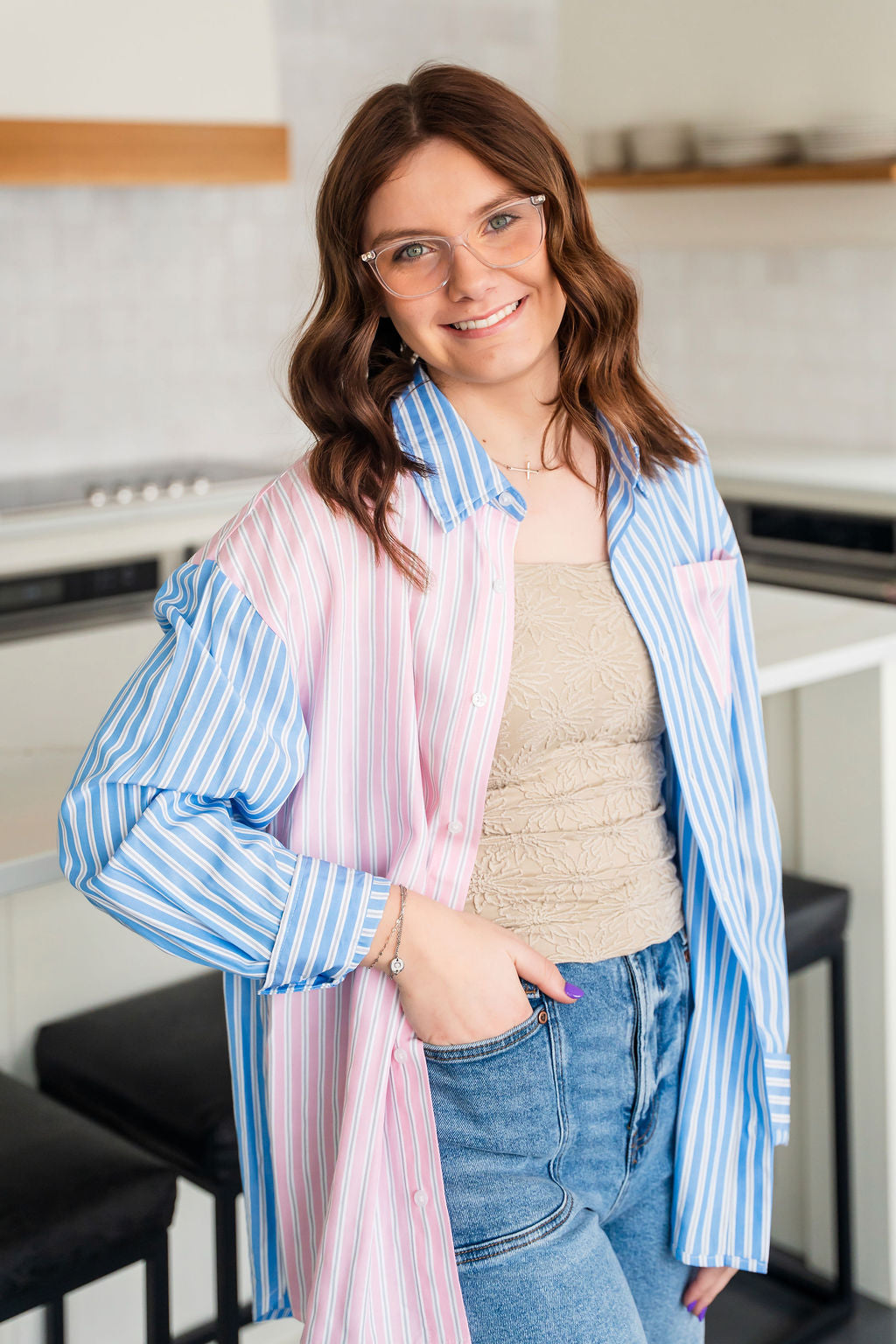 Bluey Pink Pin Stripe Button Down