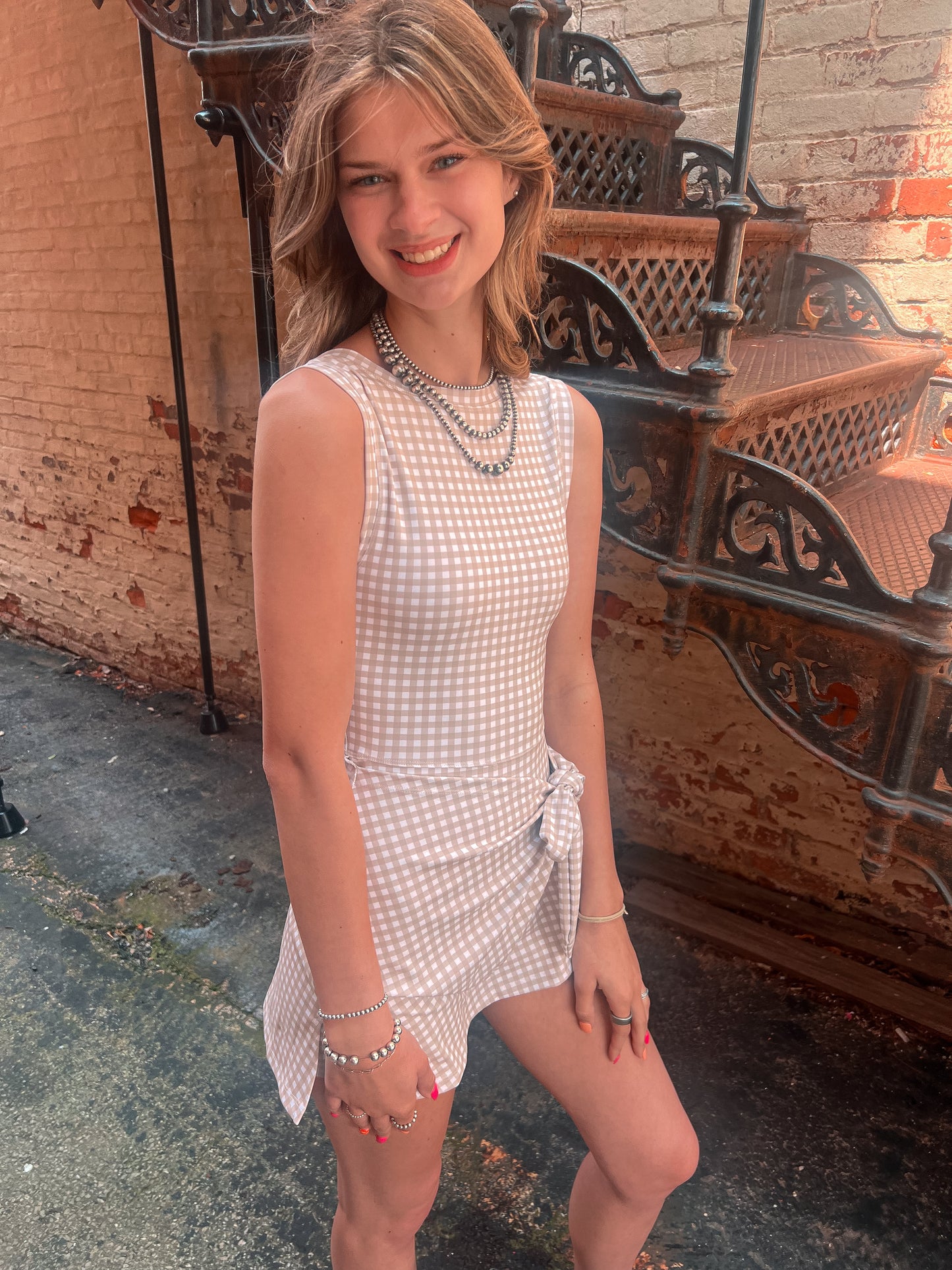 Beige Gingham Activewear Dress