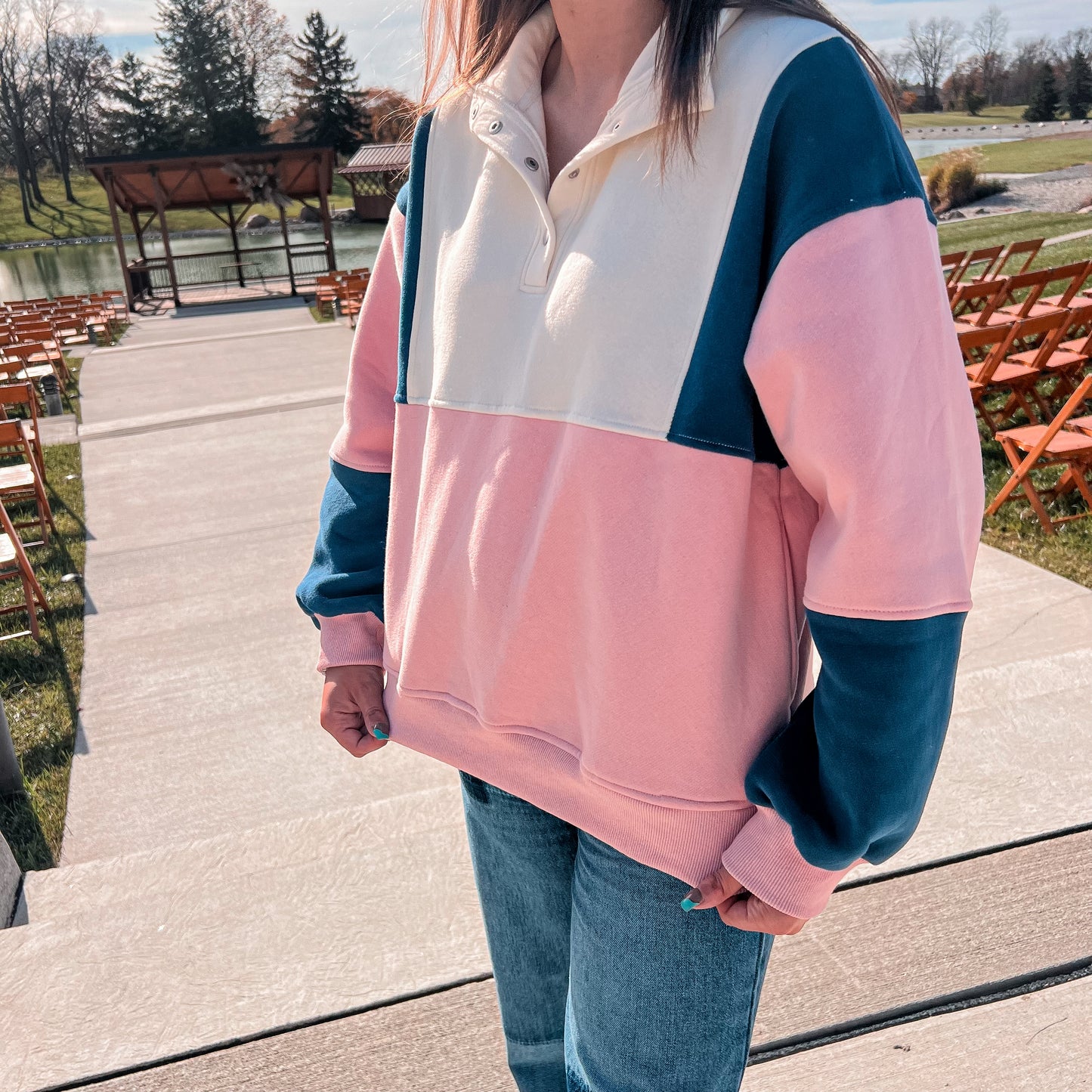 Pink Color Block Pullover