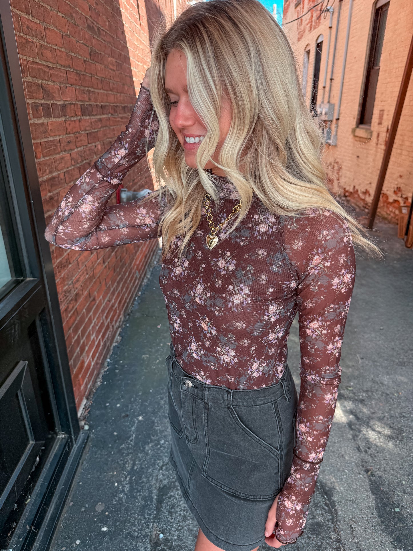 Brown Floral Mesh Top