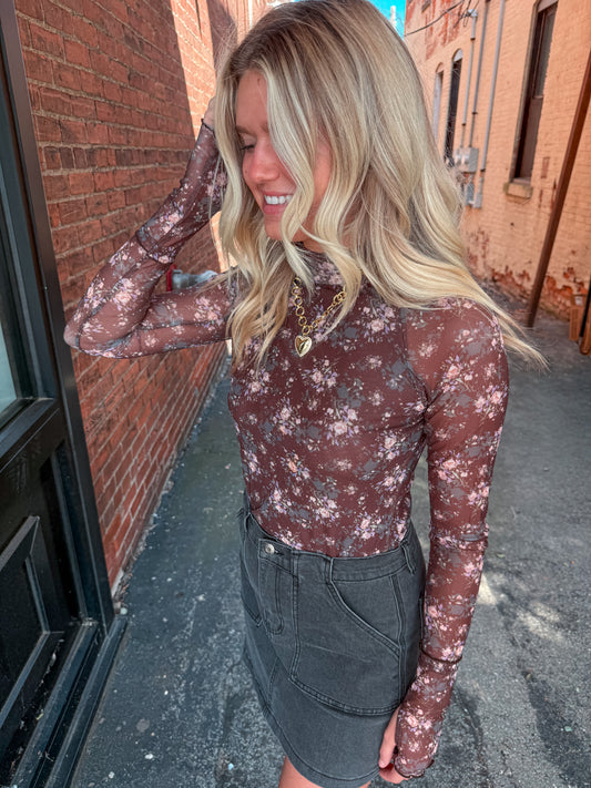 Brown Floral Mesh Top