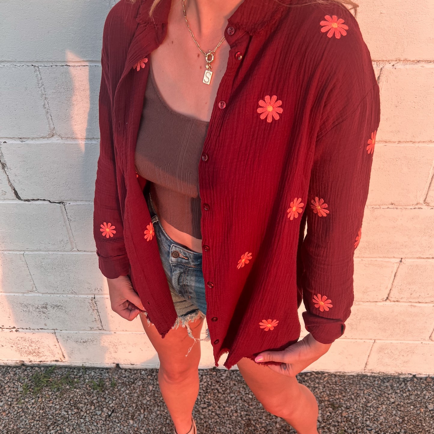 Daisy Red Gauze Button Down