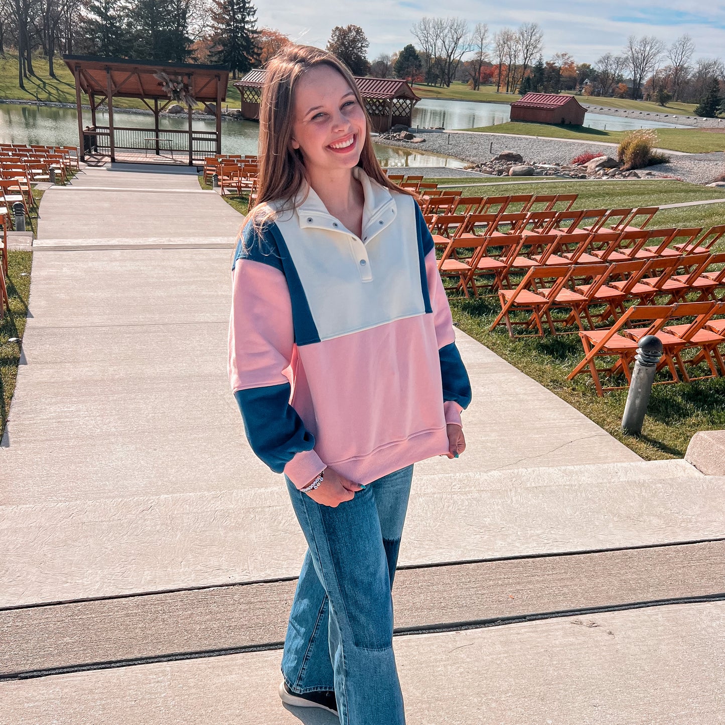 Pink Color Block Pullover