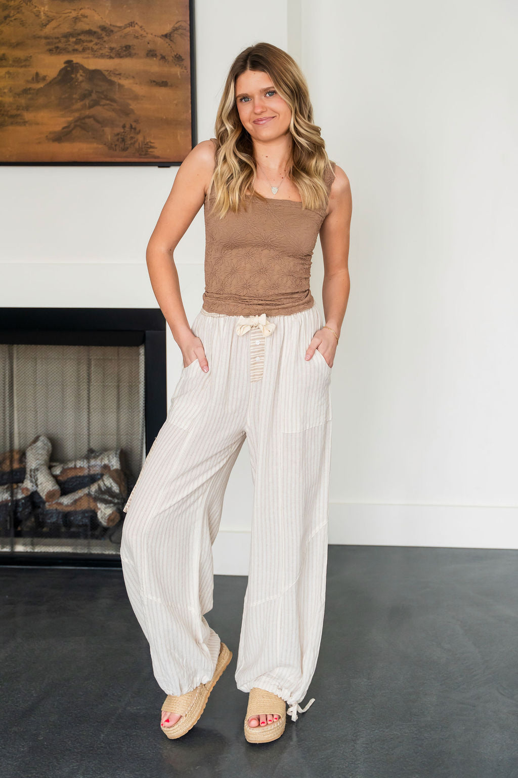 Taupe Stripe Balloon Style Pants