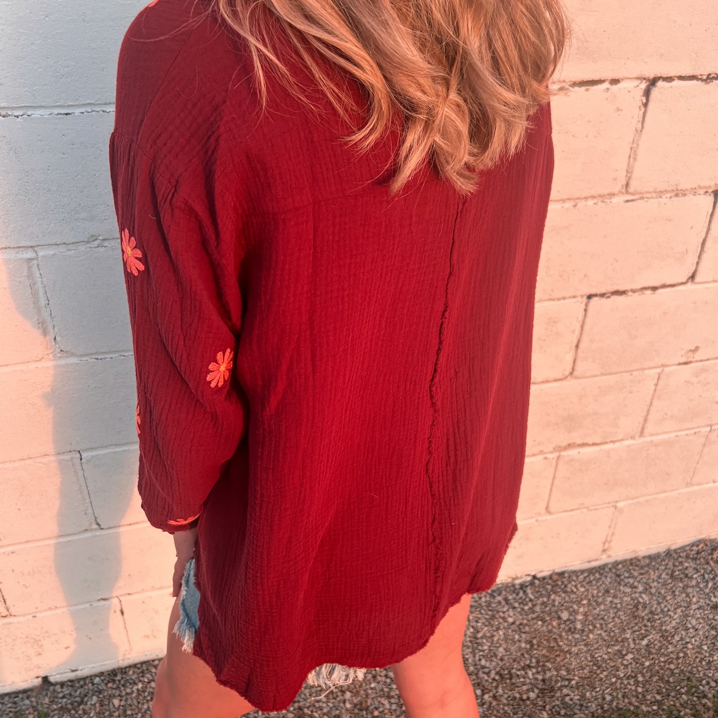 Daisy Red Gauze Button Down