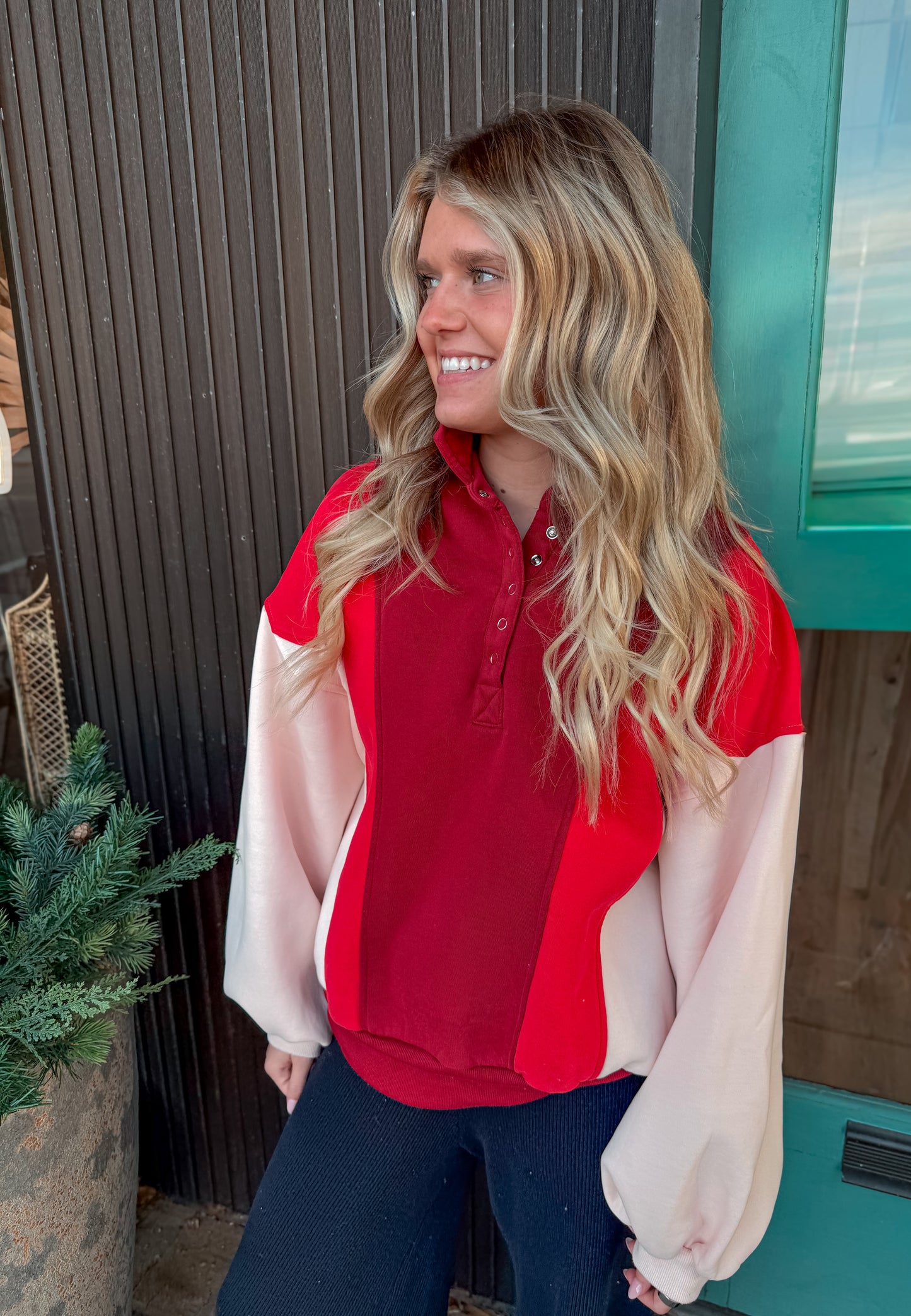 Red Color Block Pullover
