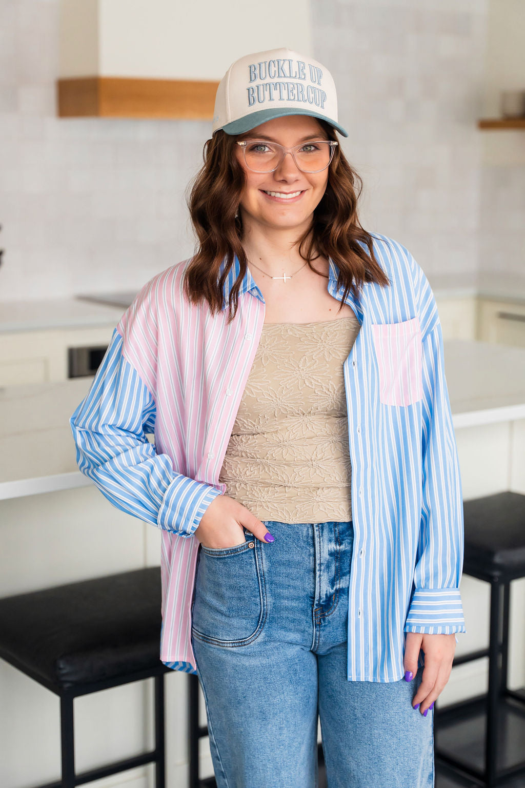 Bluey Pink Pin Stripe Button Down