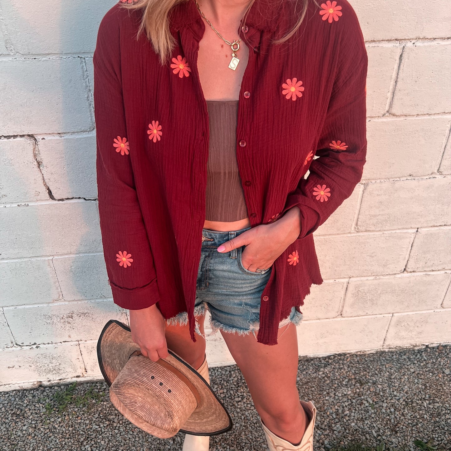 Daisy Red Gauze Button Down