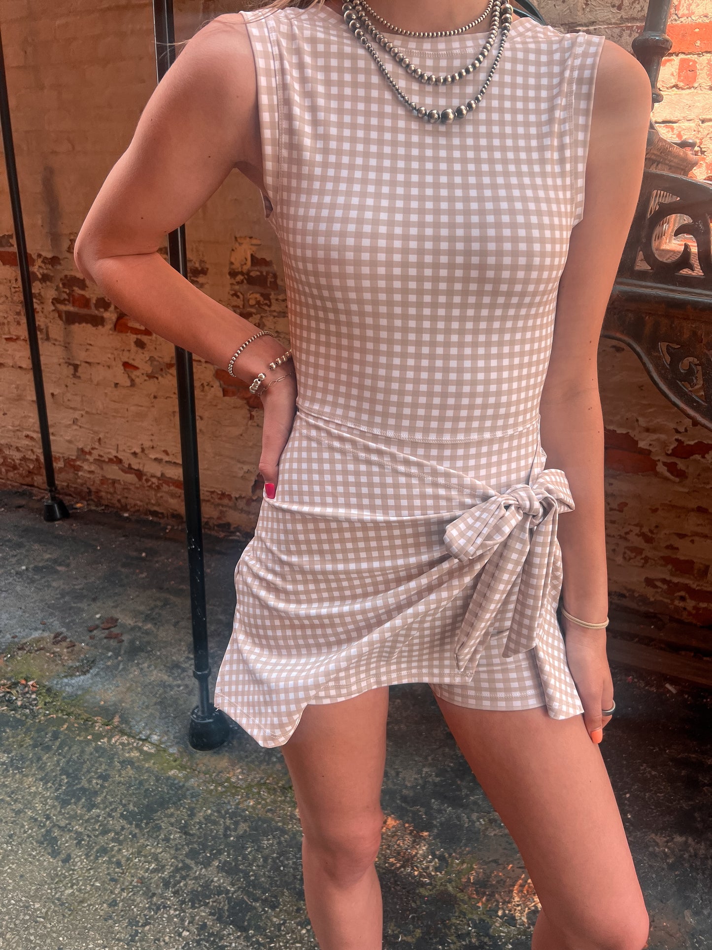Beige Gingham Activewear Dress