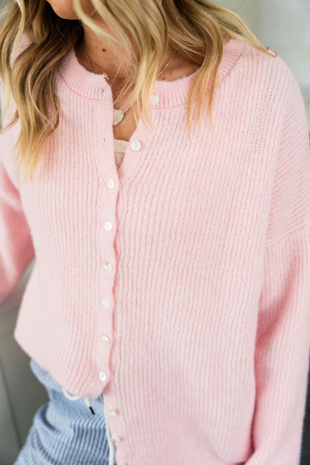 Ribbed Baby Pink Button Cardigan