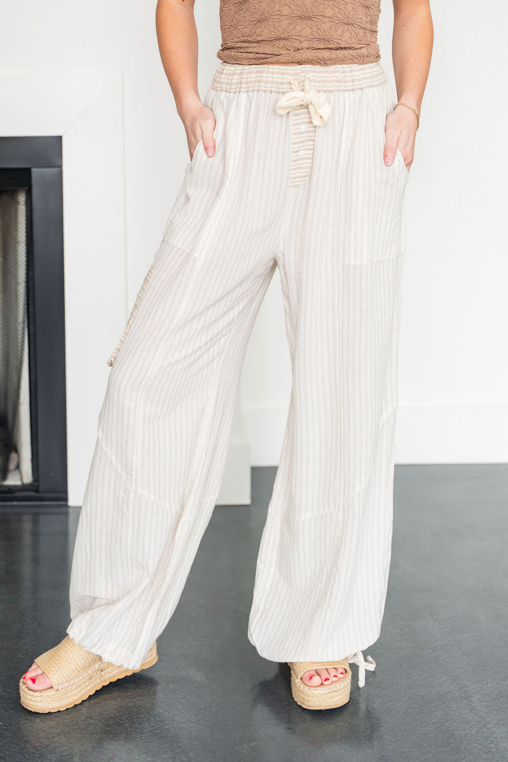 Taupe Stripe Balloon Style Pants
