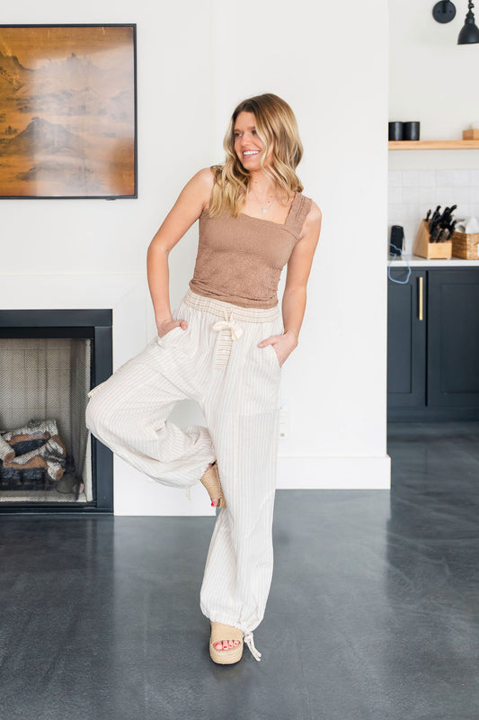 Taupe Stripe Balloon Style Pants