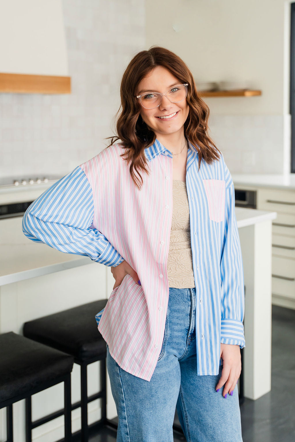Bluey Pink Pin Stripe Button Down