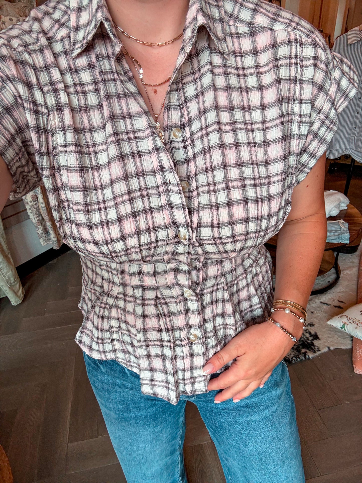 Pink Plaid Peplum Blouse