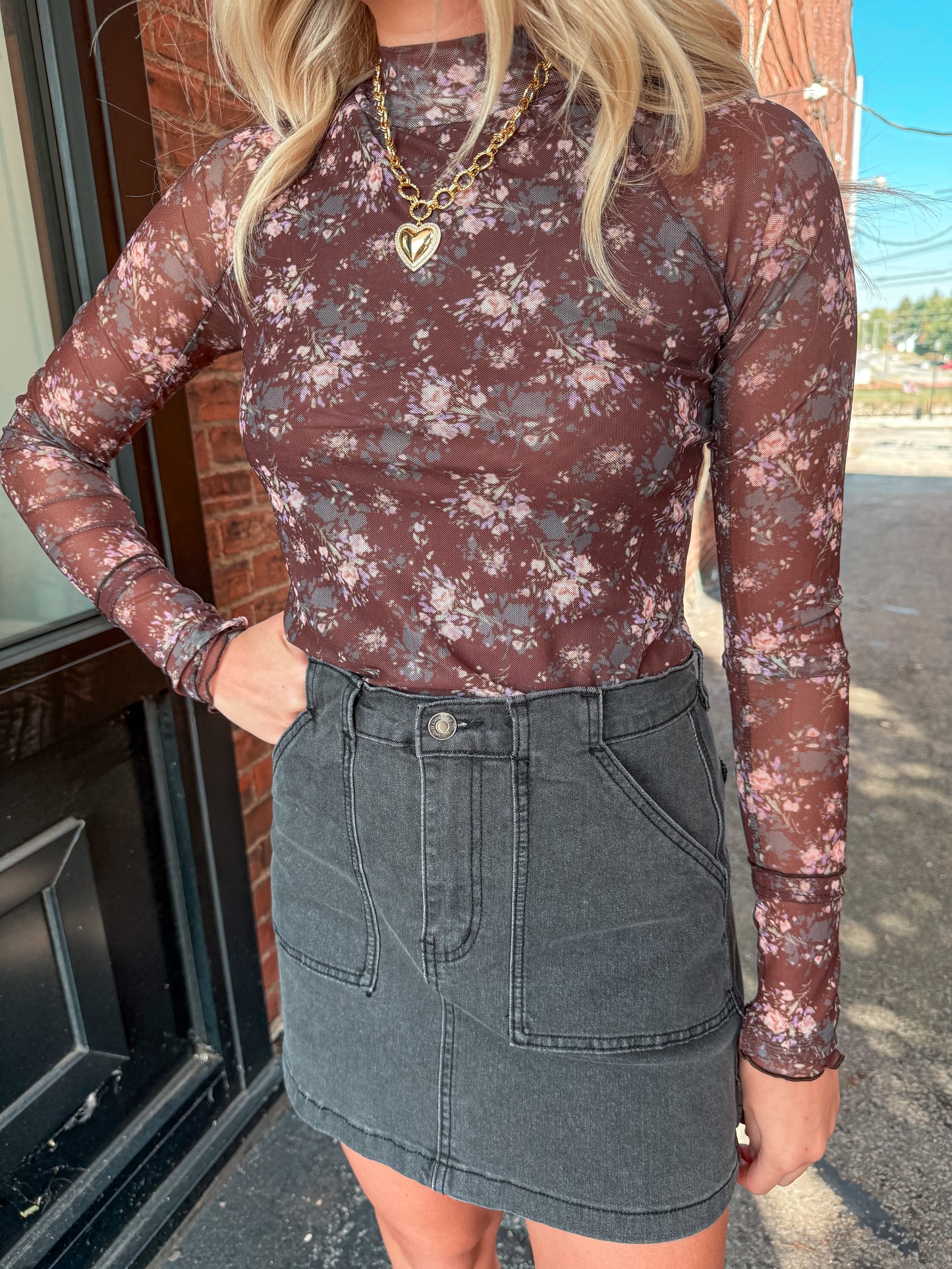 Brown Floral Mesh Top