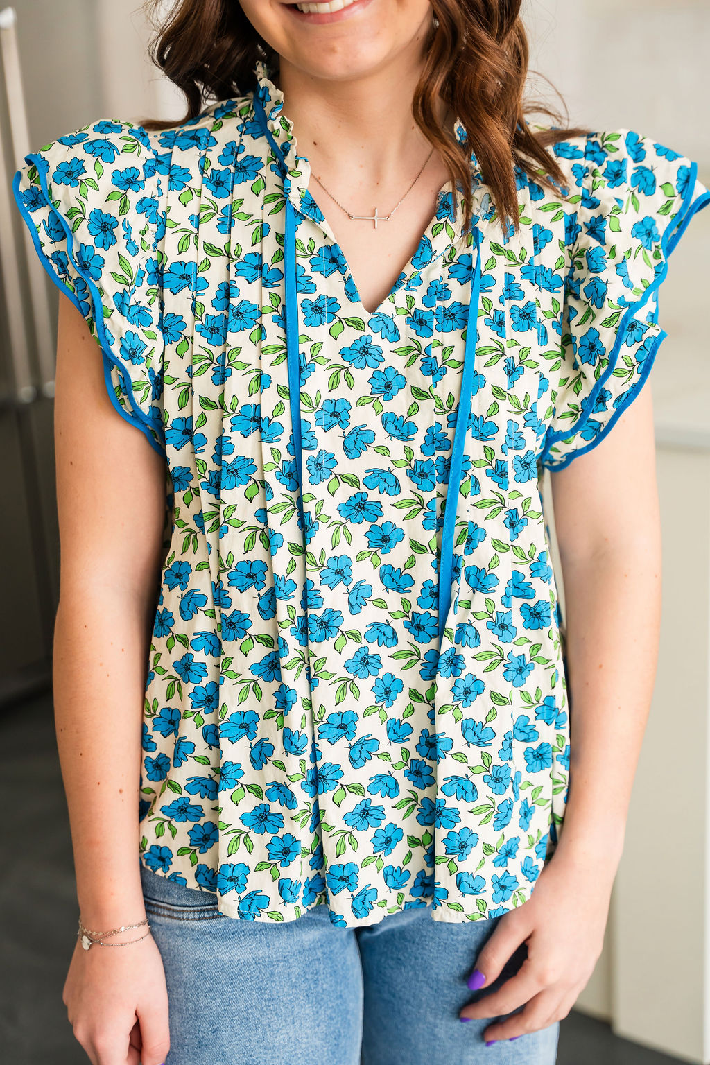 Blue Floral Flutter Top