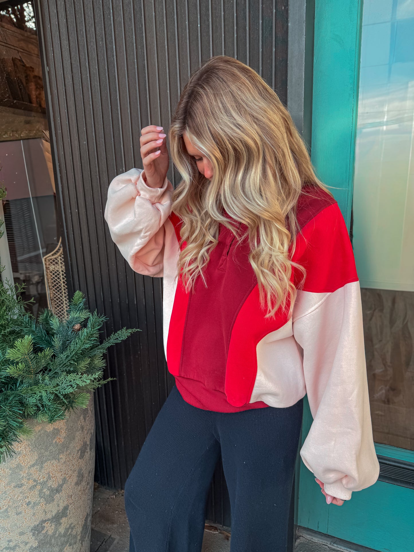 Red Color Block Pullover