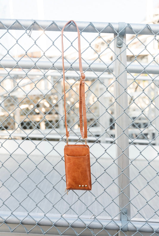 Tan leather phone bag