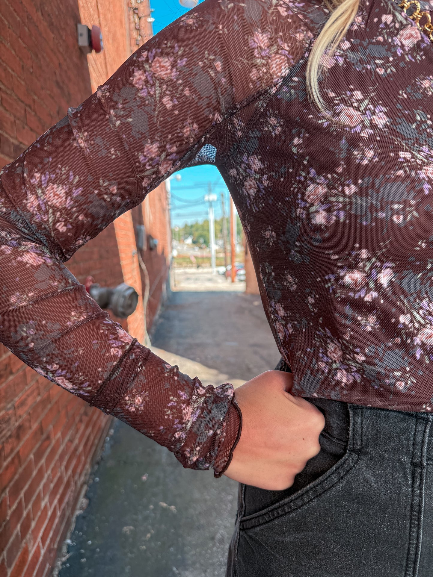 Brown Floral Mesh Top