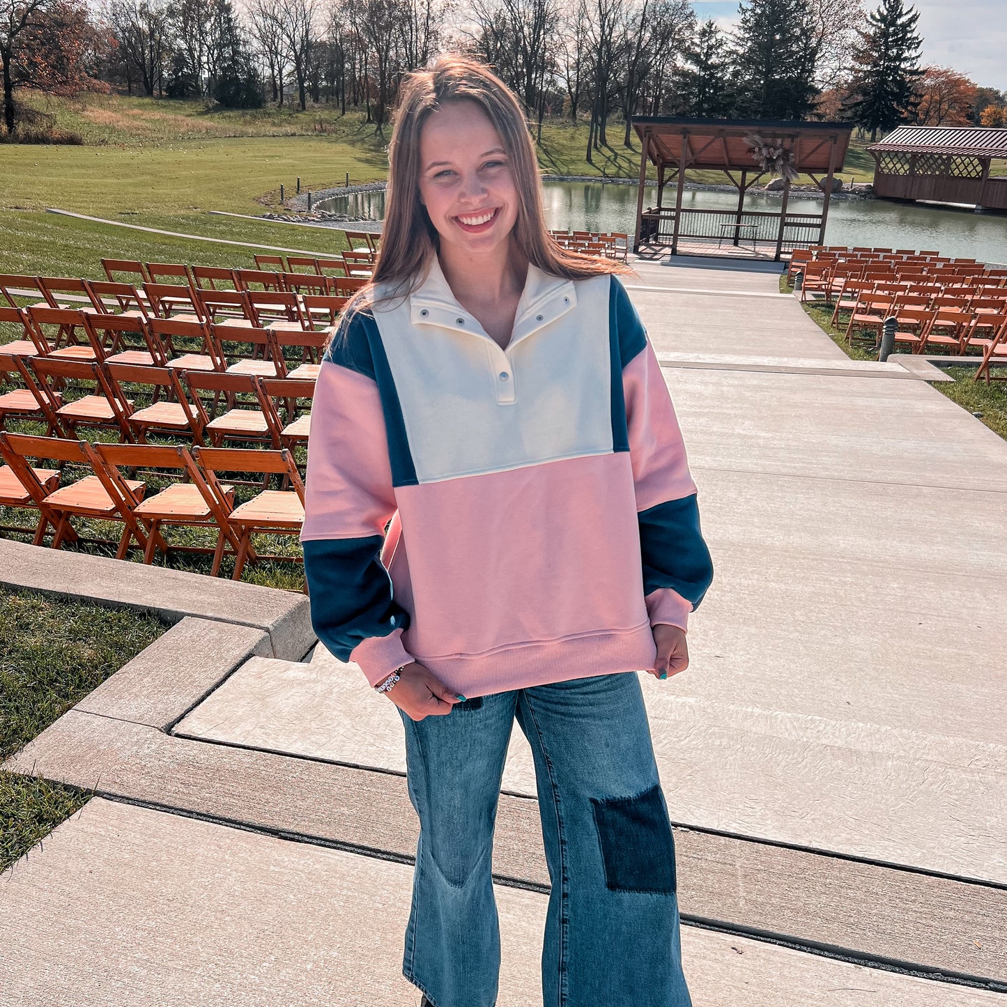 Pink Color Block Pullover