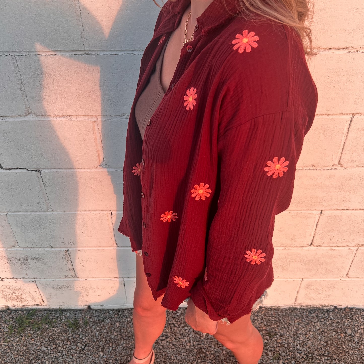 Daisy Red Gauze Button Down