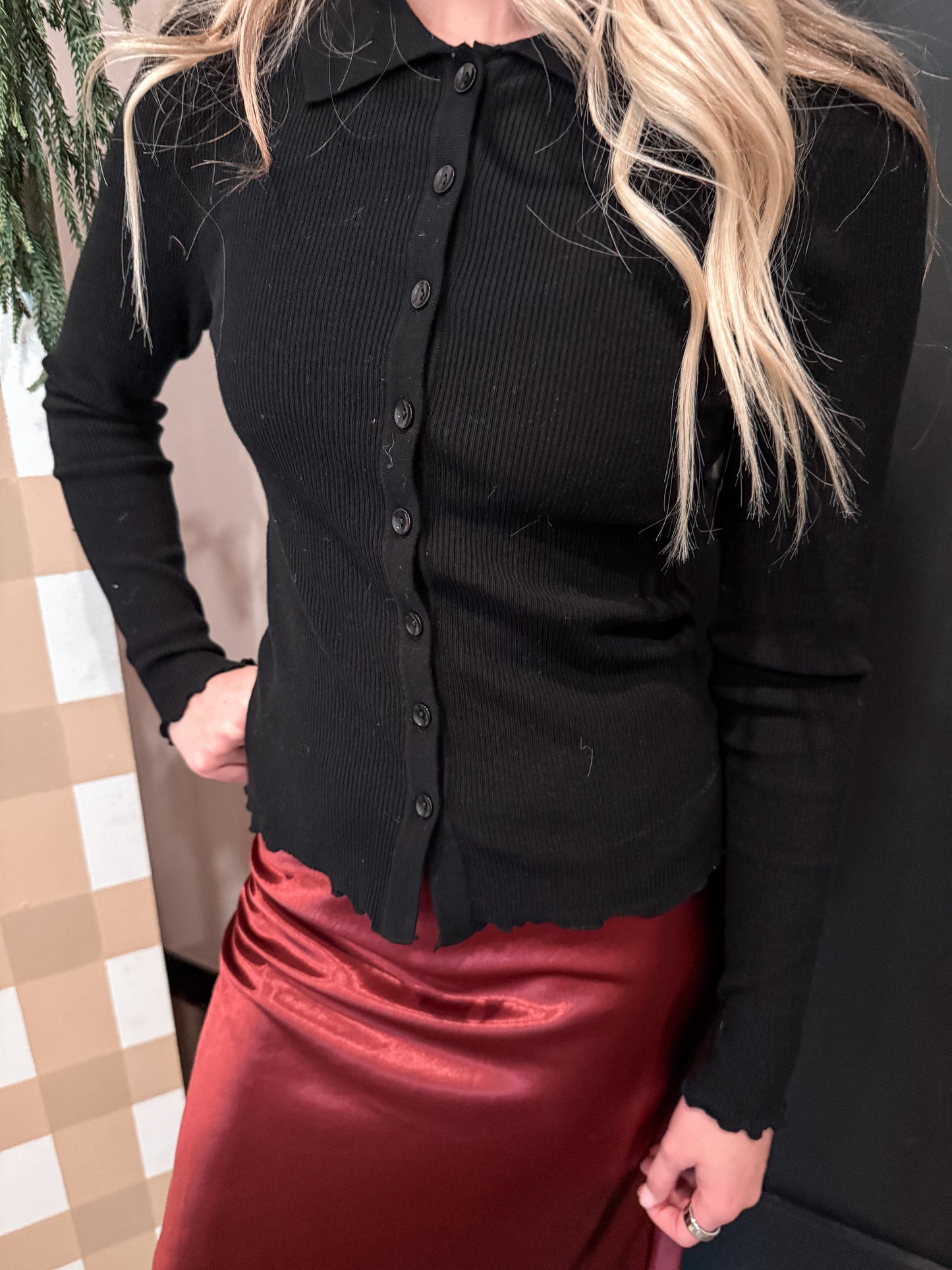 Black Ribbed Button Knit Top