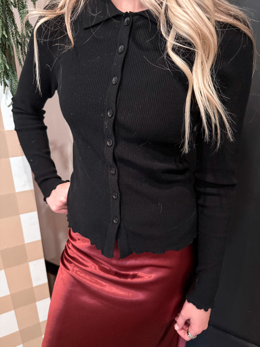 Black Ribbed Button Knit Top