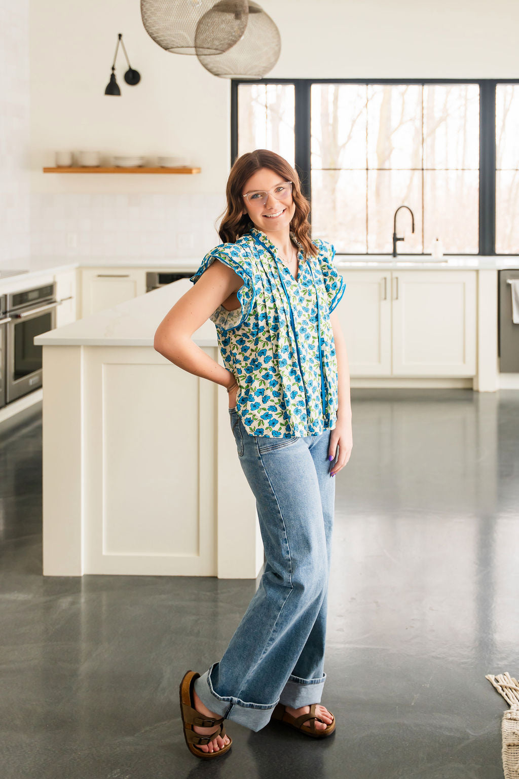 Blue Floral Flutter Top