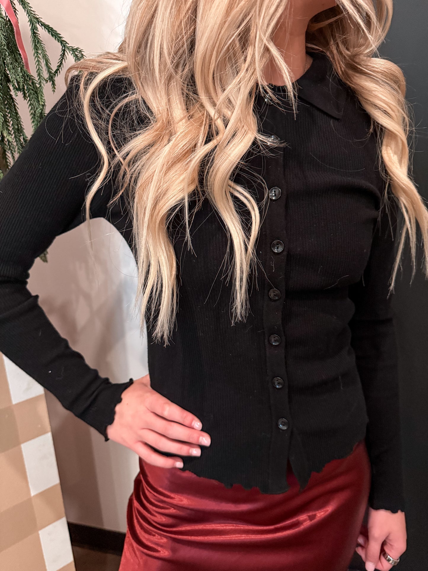 Black Ribbed Button Knit Top